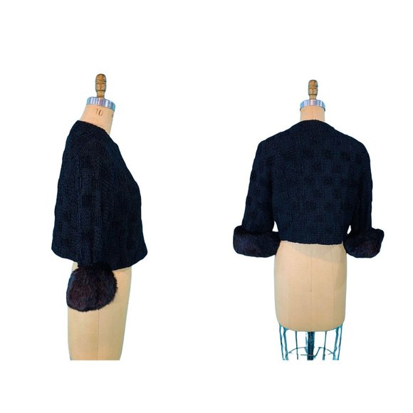 Vintage 50s Black Jacket Womens Small Ribbon Top Black Brown Fur Evening Top - Picture 9 of 10